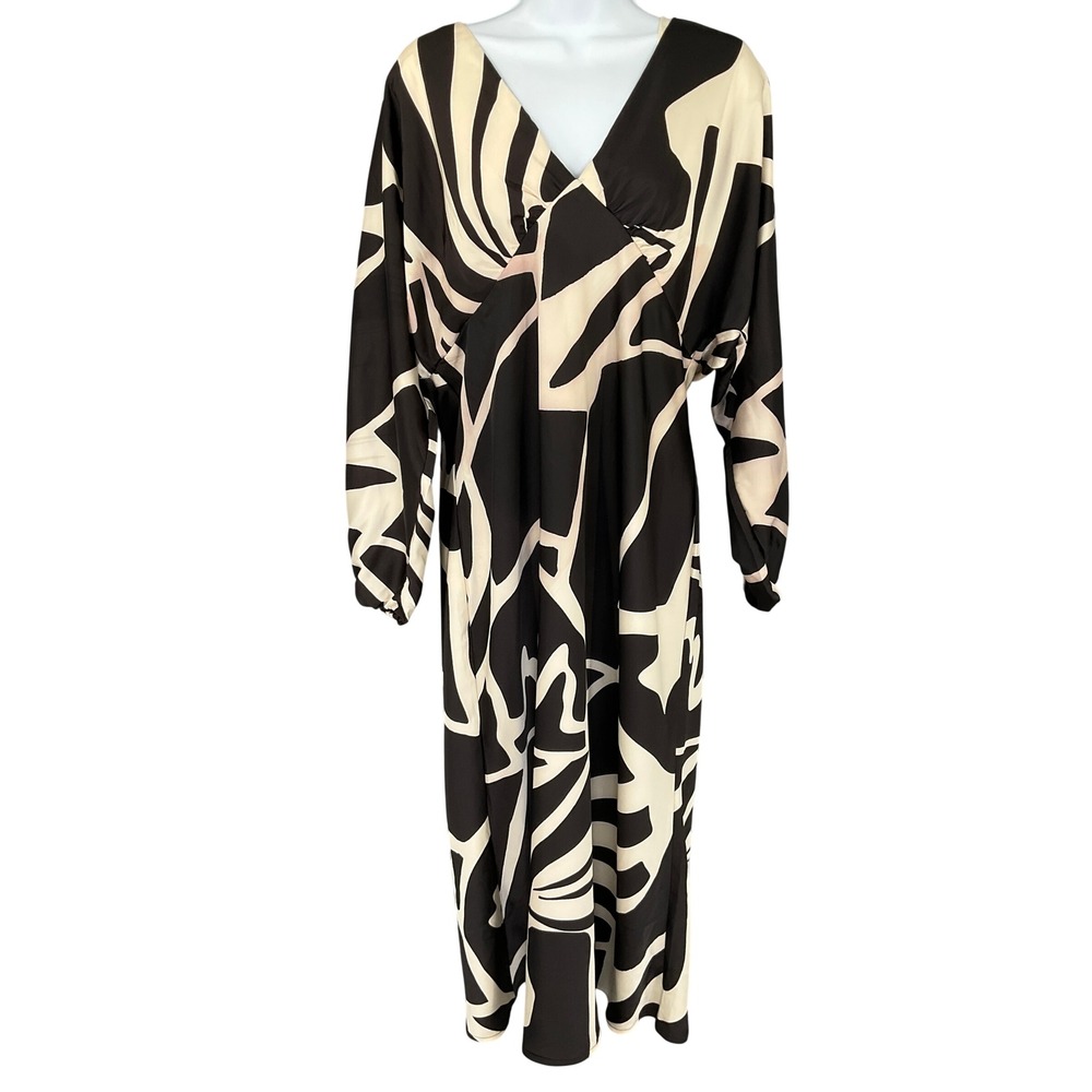 Banana Republic Black Cream Abstract Print Midi Dress Sz 12 Cocktail Resortwear